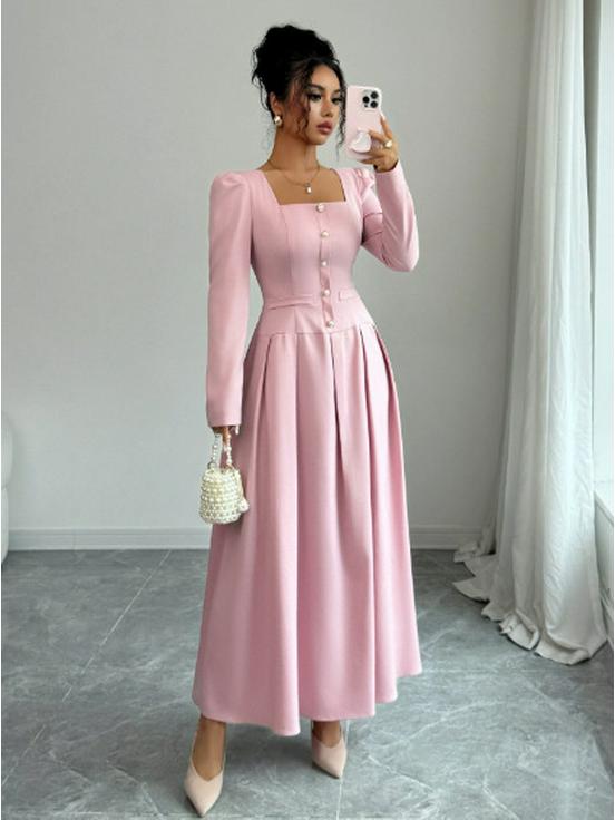 Autumn Slimming Waist High-end French Pleated Dress with Square Neck and Single-breasted Design