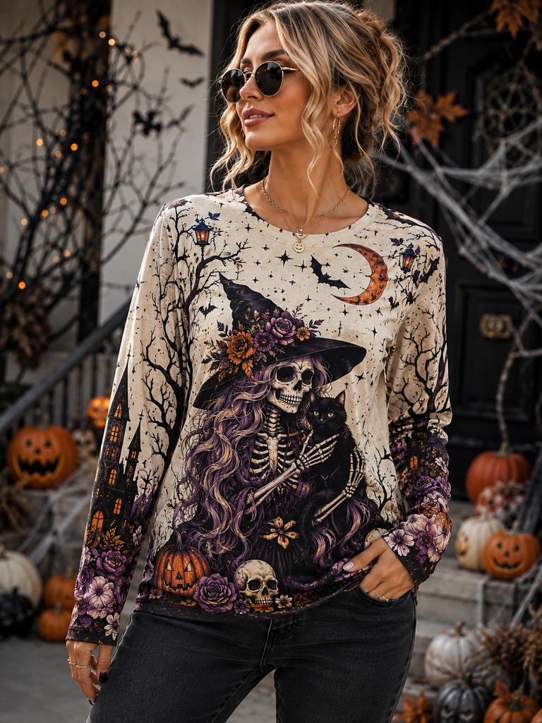 Damen Halloween Hexe Grafik Langarm T-Shirt Rundhals Oberteile Neue Vintage Vollmond Kürbis Laterne Party Geschenk Kleidung Oberteile