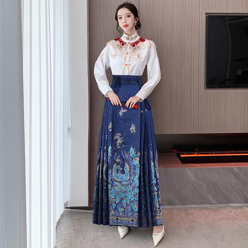 Hanfu nou pentru femei 2024, fustă cu față de cal: Fustă lungă trendy în stil chinezesc pentru purtare zilnică și navetă