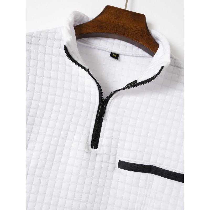Men Waffle Quarter Zip Long Sleeve Shirt Stand Collar Casual Top With Contrast Pocket Details