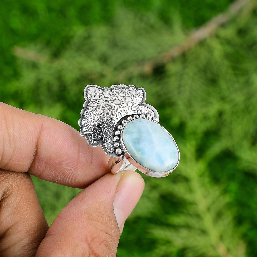 Easter Sale Natural Larimar 925 Sterling Silver Promise Statement Ethnic Ring