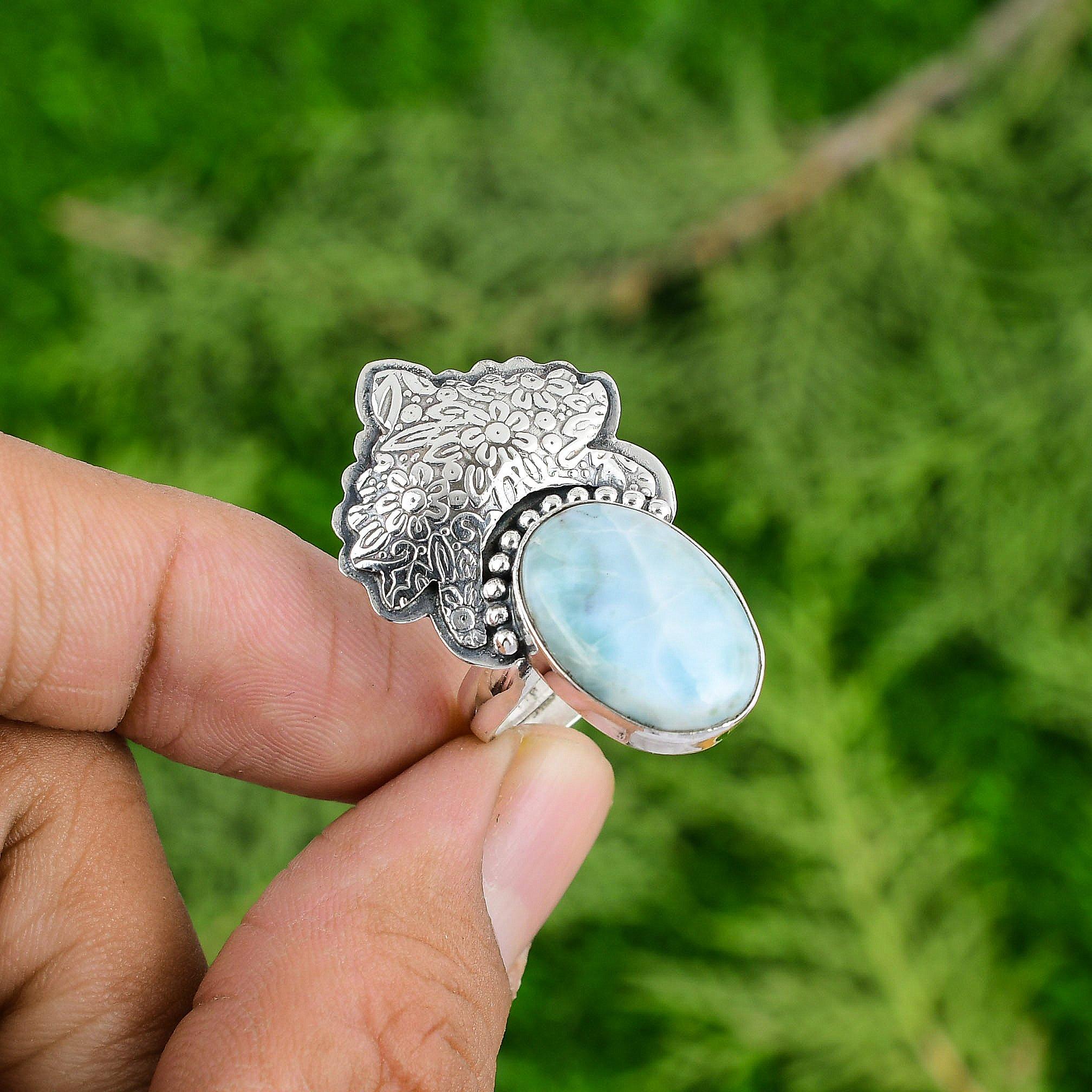 

Пасхальная распродажа Натуральный ларимар серебро 925 пробы Кольцо-обещание Этническое кольцо Adjustable