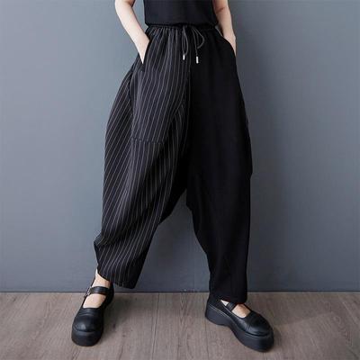 Plus Size Schwarze Vintage-Streifen-Patchwork-Hosen mit hoher Taille, lässig, locker, Frühling, Sommer, Haremshose, Damenhose
