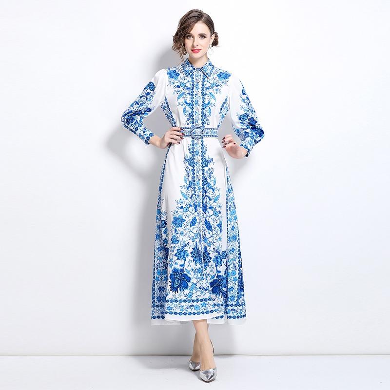 

Весна Осень Женские Винтажный Принт Сине-Белый Фарфор Подиумные Платья Длинный Рукав Однобортное Длинное Макси Вечеринка Платье-Рубашка XXL синий
