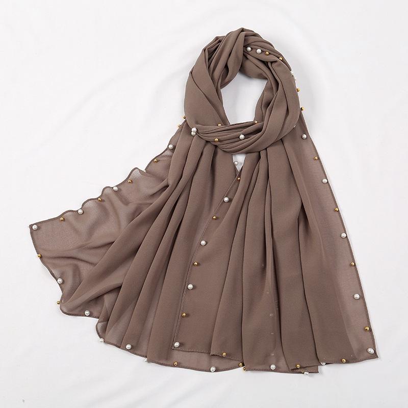 Hot-selling popular chiffon long towel plus small pearl women's gold and silver pearl headscarf