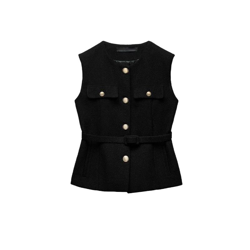 Spring New Women Clothes Simple Style Round Neck Metal Buckle With Belt Punk Texture Vest 2132904