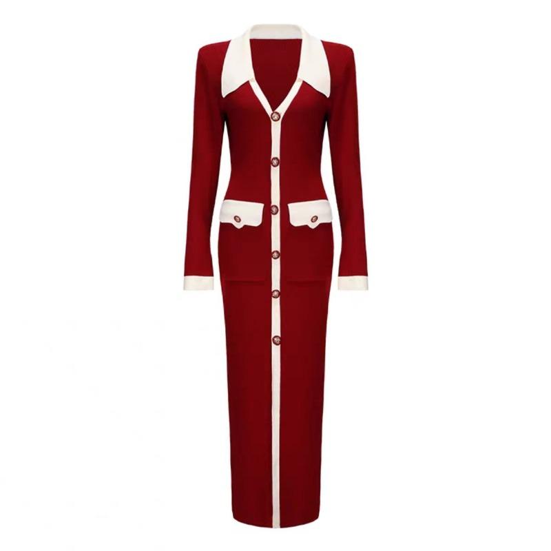 Promi-High-End-Kontrastfarben-Einreiher-Kleid Herbst und Winter Neues Temperament Strickkleid