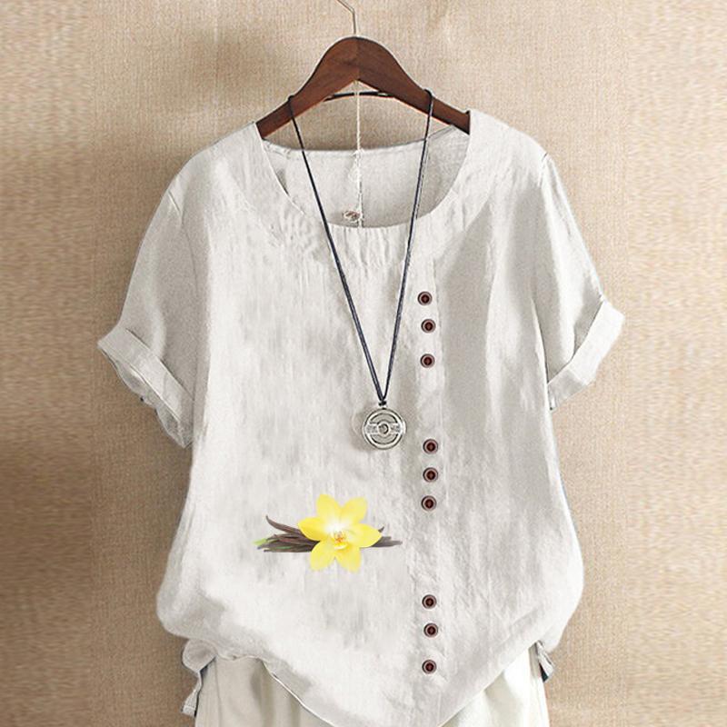 Dame Ny Mote Linskjorte Rund Hals Kort Erm Blomsterprint T-skjorte Sommer Damer Casual Pluss Størrelse Bluse Topper