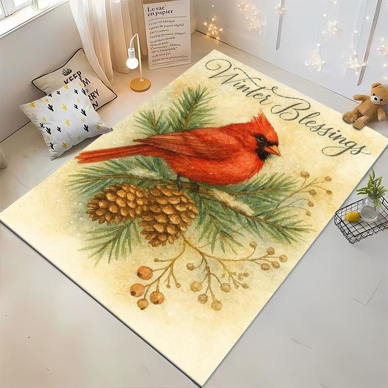 Red Cardinal with Pinecones and Winter Blessings Text - Non-slip rug suitable for living room and bedroom sofas.