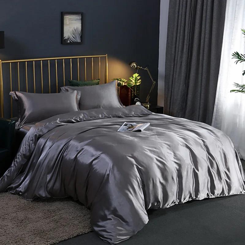4 PCS Bedding Set Luxury Rayon Satin Duvet Cover Queen High Quality Smooth Quilt Cover Solid High End Single Double Comforter Cover