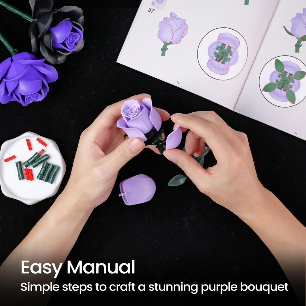 BuildMOC Lila Rose Botanisches Baustein-Set, Gothic Dekor Künstlicher Rosenblumenstrauß Modell Spielzeug Valentinstagsgeschenke