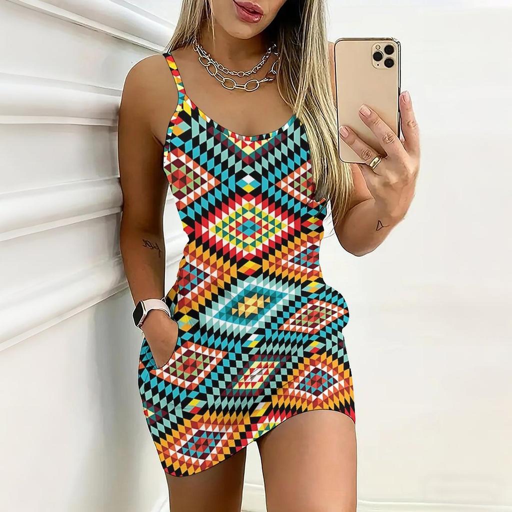 Robe d'été moulante sans manches avec poches, imprimé géométrique et à rayures rétro, sexy, coupe ajustée, élégante, pour la fête