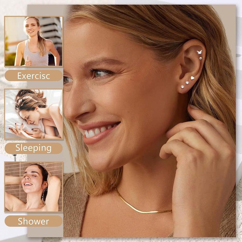 Jstyle 21Pairs Flat Back Earrings for Women Hypoallergenic Studs Set | Surgical Steel Flatback Earrings,Small CZ Star Moon Ball Pearl Earrings