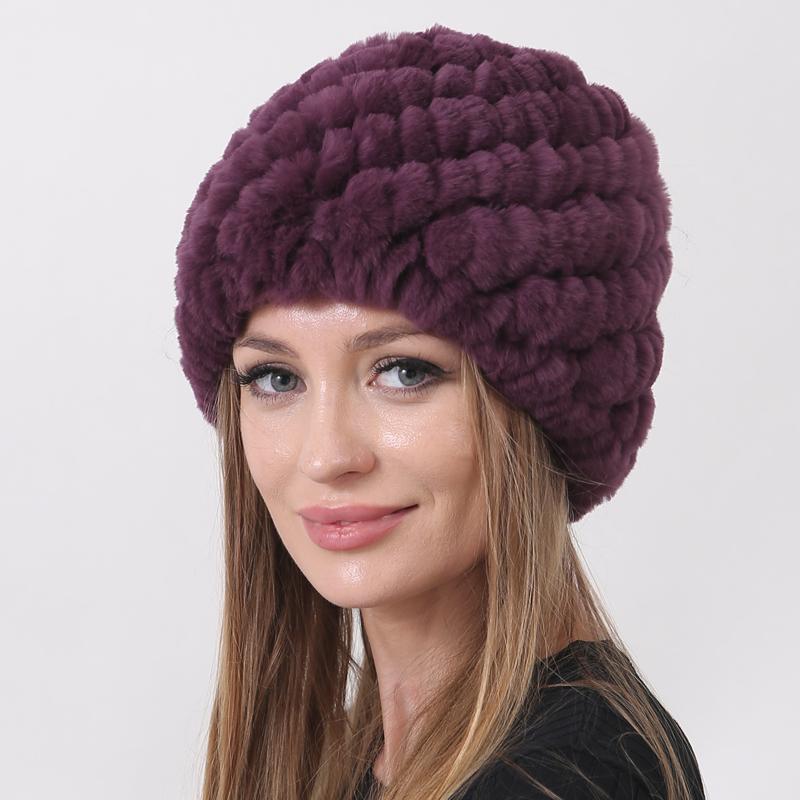 New Warm Real Fur Hat Winter Women Rex Rabbit Fur Thick Double Layer Lining Outdoor Women Beanie Cap Pineapple Round Hats