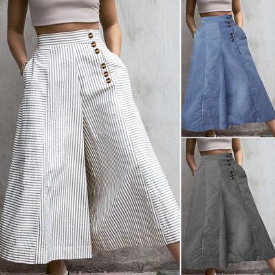 Damen Hose mit weitem Bein, gestreift, hohe Taille, Taschen, lässig, locker, ausgestellt, lange Hose, Übergröße