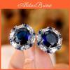 Cubic Blue Vintage Round Royal Zirconia Flower Stud Earrings For Women Silver Color White Bridal Wedding Ear Studs Engagement Jewelry Gift