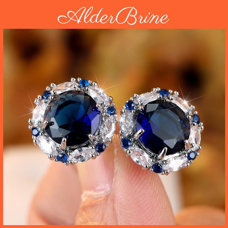Cubic Blue Vintage Round Royal Zirconia Flower Stud Earrings For Women Silver Color White Bridal Wedding Ear Studs Engagement Jewelry Gift
