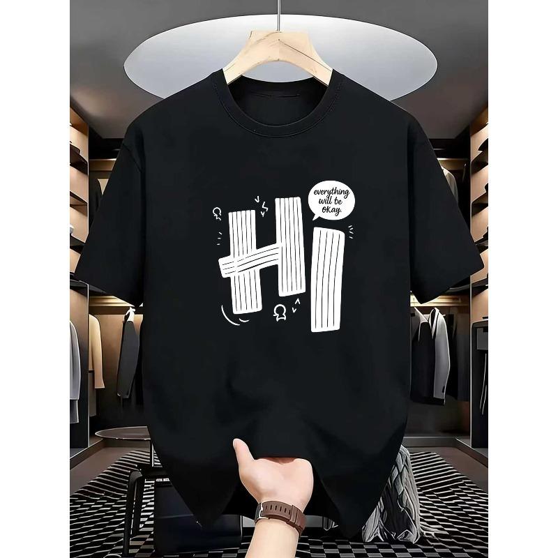 European Size Men's Creative Hi Letter Print T-Shirt, Crew Neck Casual Street Style Short Sleeve Top, All-Season Menswear Tee
