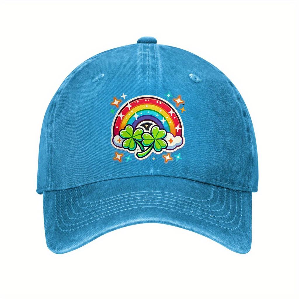 St Patricks Day Rainbow Clover Baseball Cap Distressed Denim Graphic Print Casual Adjustable Hat