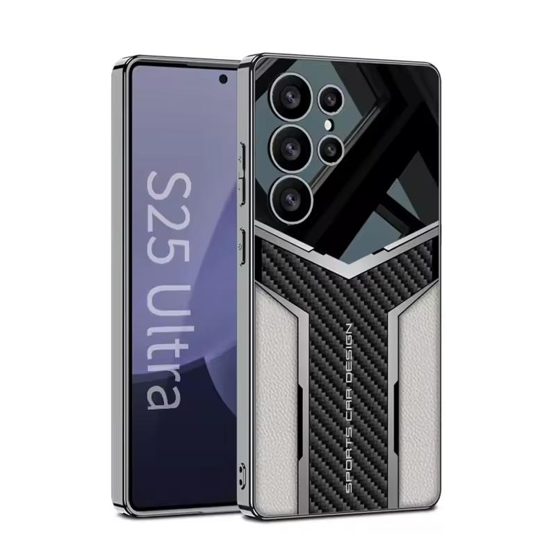 Electroplated Leather Business Shockproof Case for Samsung S25 S24 S23 Ultra Luxury Carbon Fiber Leather Stitching Phone Cover