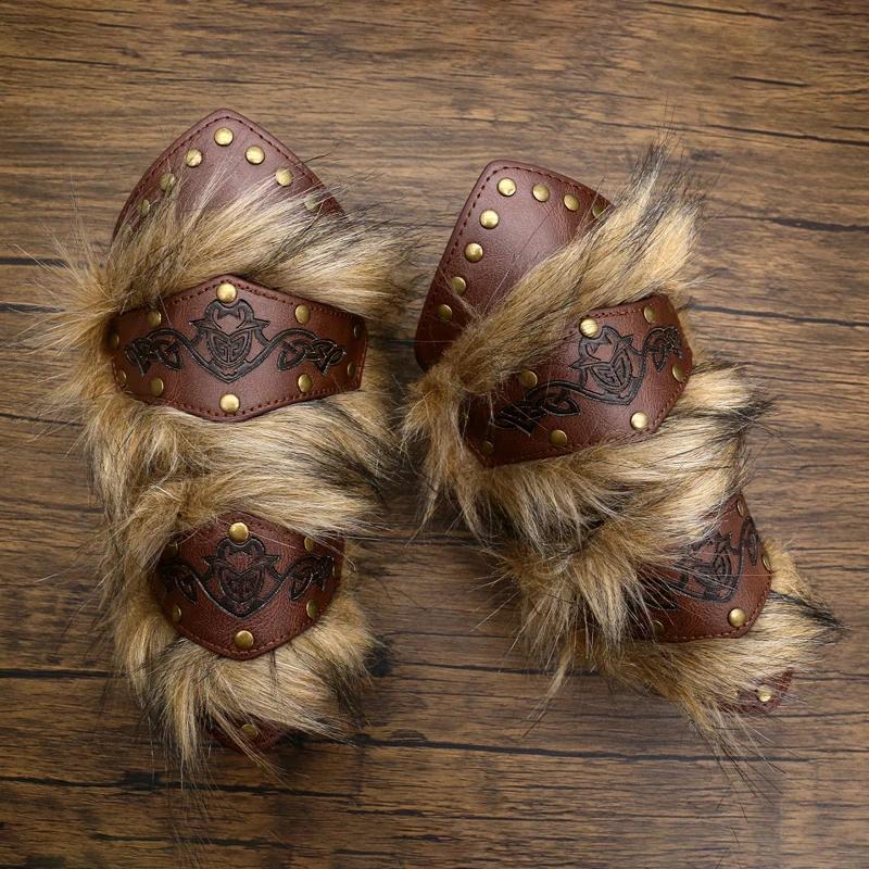 Steampunk Arm Guards Faux Leather Wrist Bracers with Fur Medieval Style Armor for Halloween Cosplay Costume Accessories