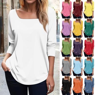 Women's Fashionable Waist Square Neck Long Sleeve Solid Color T-Shirt Top