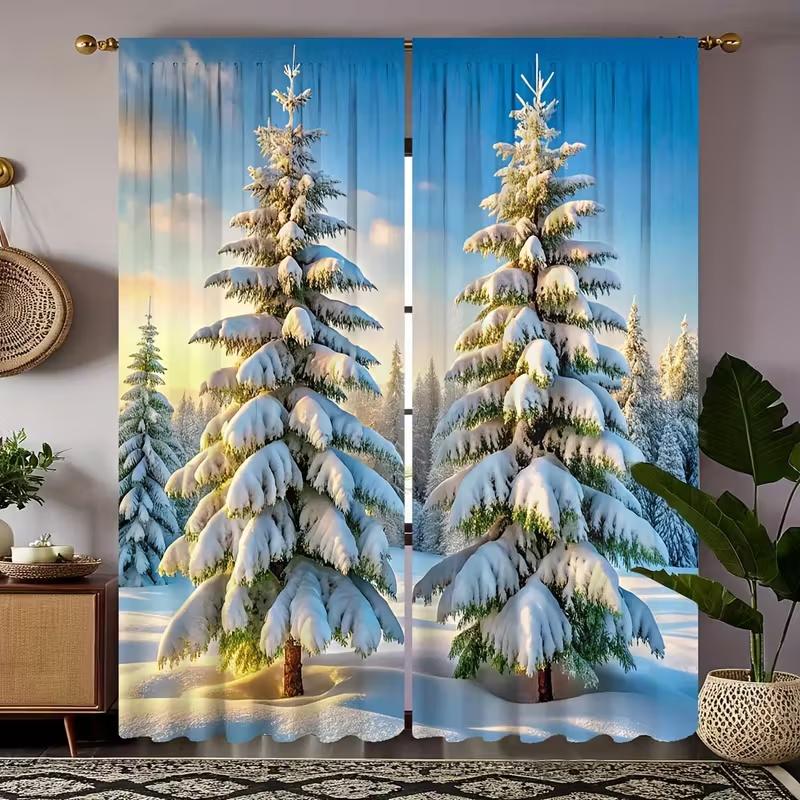 Christmas decoration-2Pcs-Christmas snow scene print curtains,suitable for bedroom,living room,home decoration,window decoration