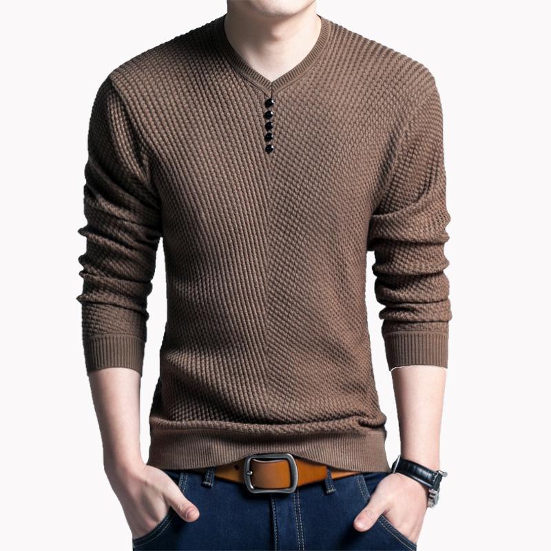 

Casual Youth Fleece Lined Thickened Solid Color Minimalist V - Neck Sweater Fashion Versatile Pullover Base Layer For Men M верблюд