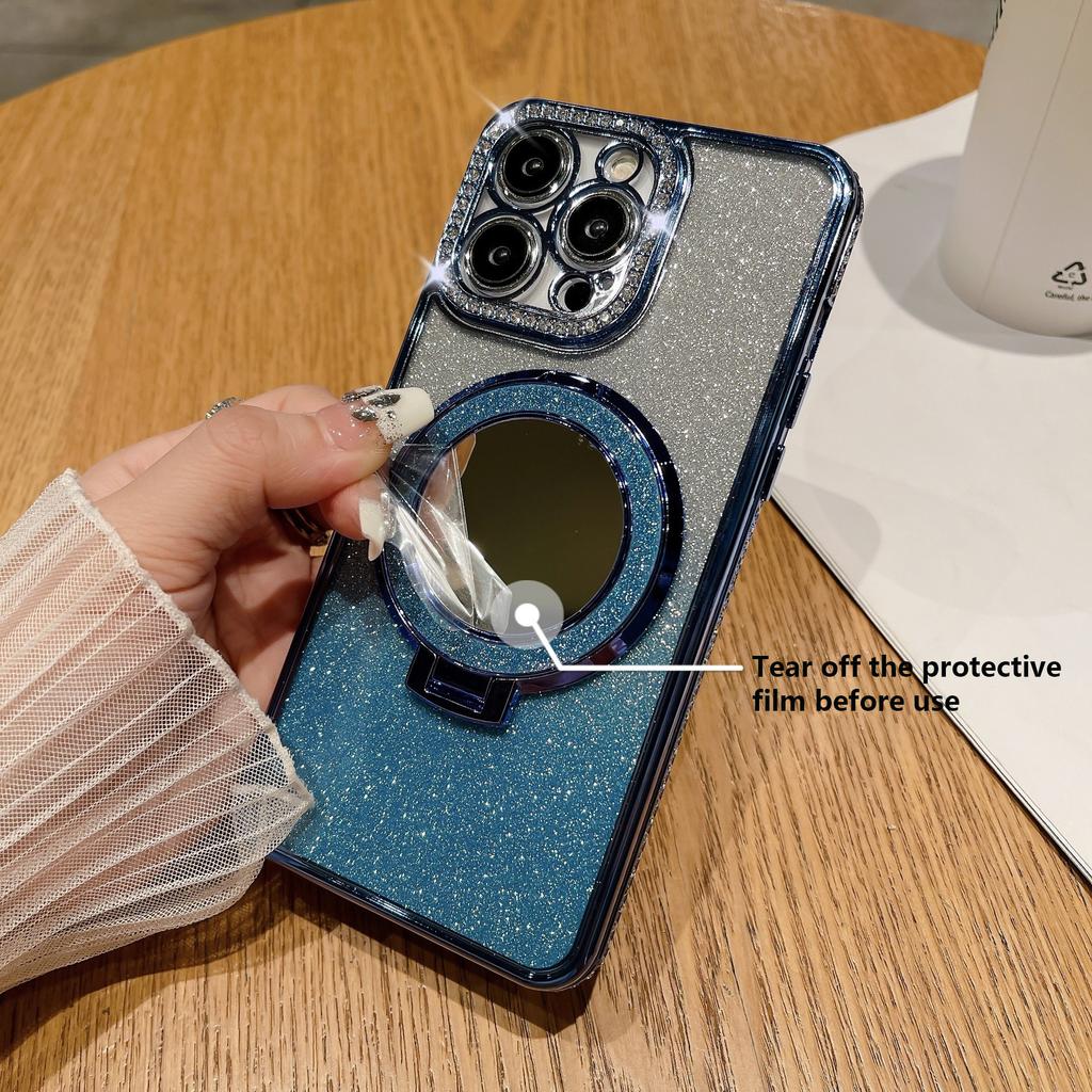 For iPhone 14 Pro Max Cover TPU Magnetic Phone Shell with Acrylic Mirror PC Kickstand Cover