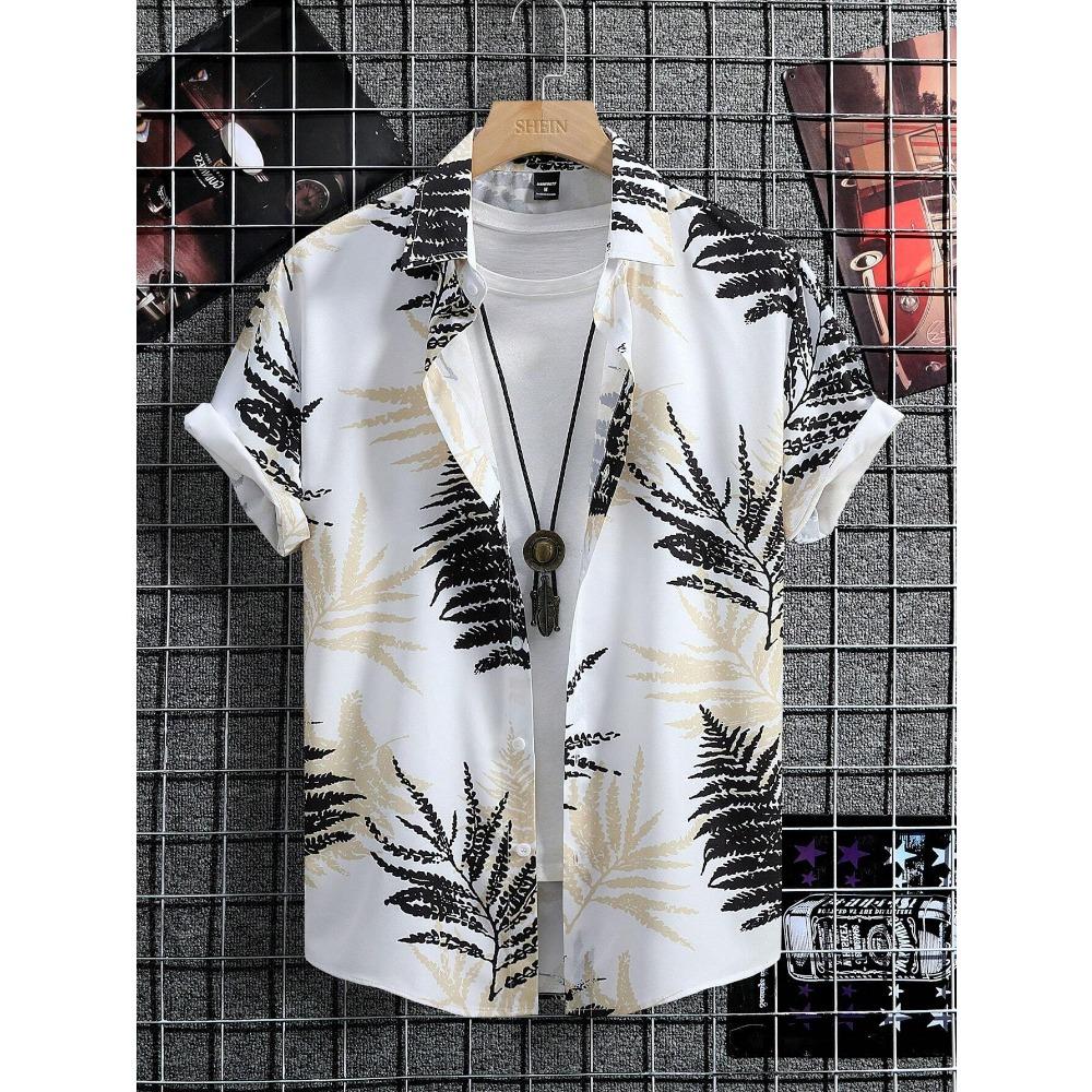 Hawaiian Loose Short Sleeved Shirt, Palm Print Men's Top, Men's Buttons
