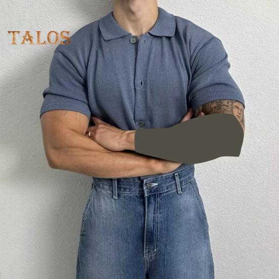 Summer Men Shirt Knitted Short Sleeves Turn-down Collar Single-breasted Stretchy Solid Color Cardigan Loose Daily Wear Casual Top