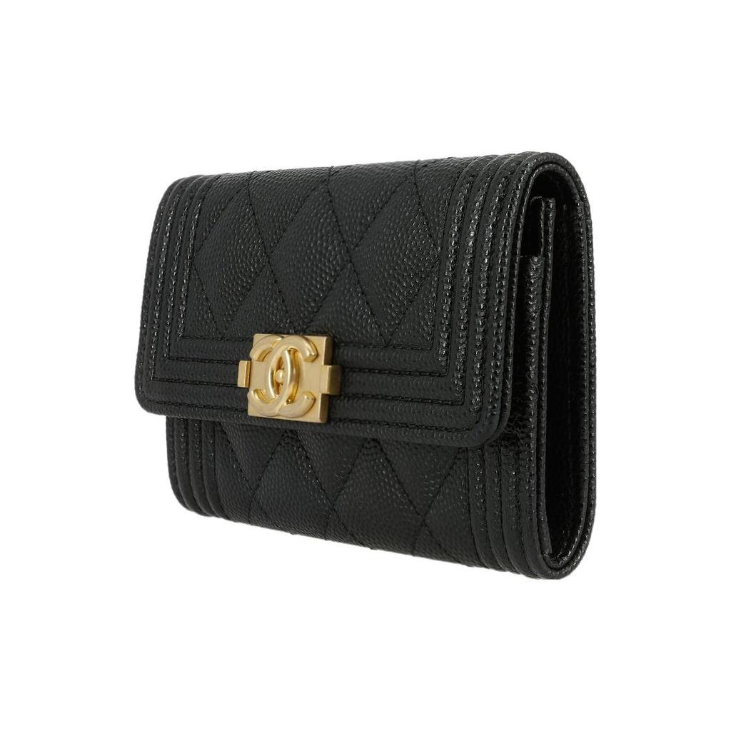 CHANEL 21K Winter Leboy  Gold Buckle  Diamond Pattern  Snap Closure  Textured Litchi Leather  Top Handle Bag  Card Holder  Wallet  Women's  Black