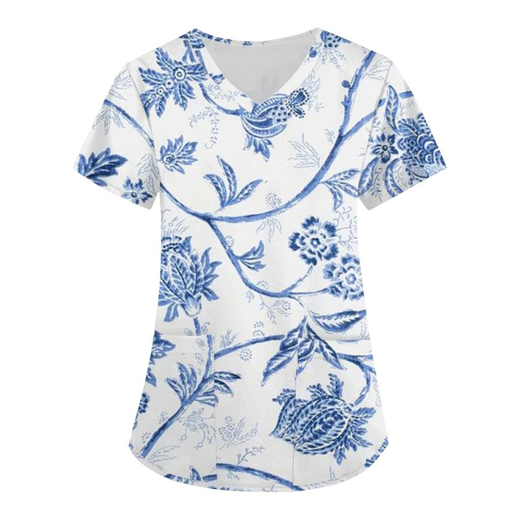 Damen Modisches T-Shirt mit Oster-Aufdruck, kurzärmelig, V-Ausschnitt, kleine Tasche, Arbeits-T-Shirt