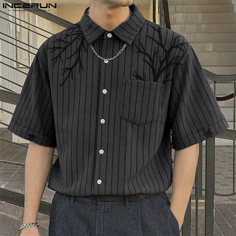 INCERUN Oversized Men Lapel Neck Short Sleeve Striped Print Casual Loose Shirts
