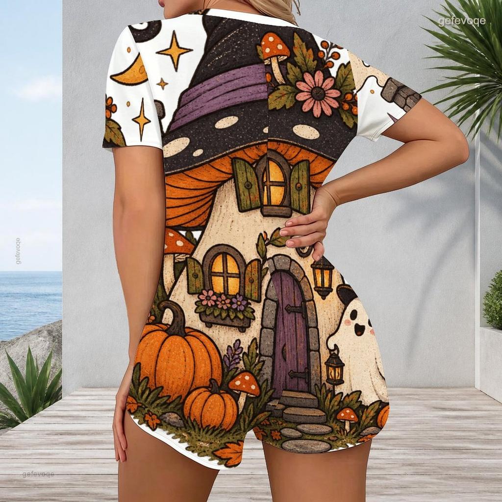 Women Plus Size V Neck Short Sleeve Halloween Printed Button Front Fitted Short Romper
