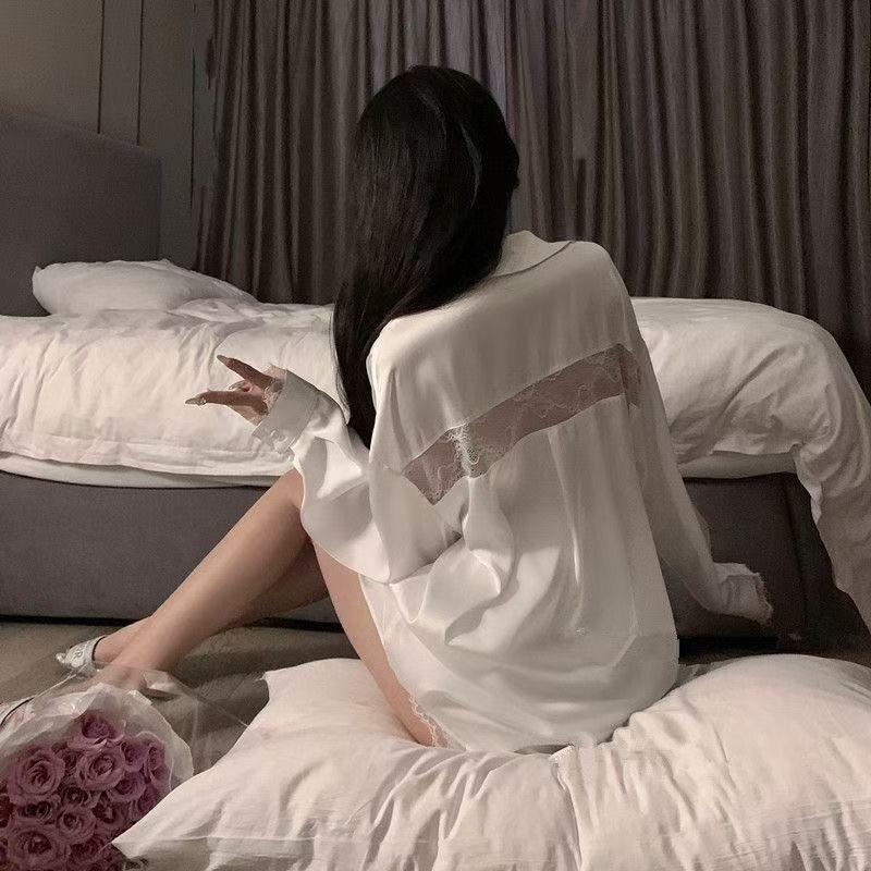 Ice silk pajamas women's summer sexy loungewear boyfriend wind shirt lace satin shorts pure desire wind white shirt pajamas
