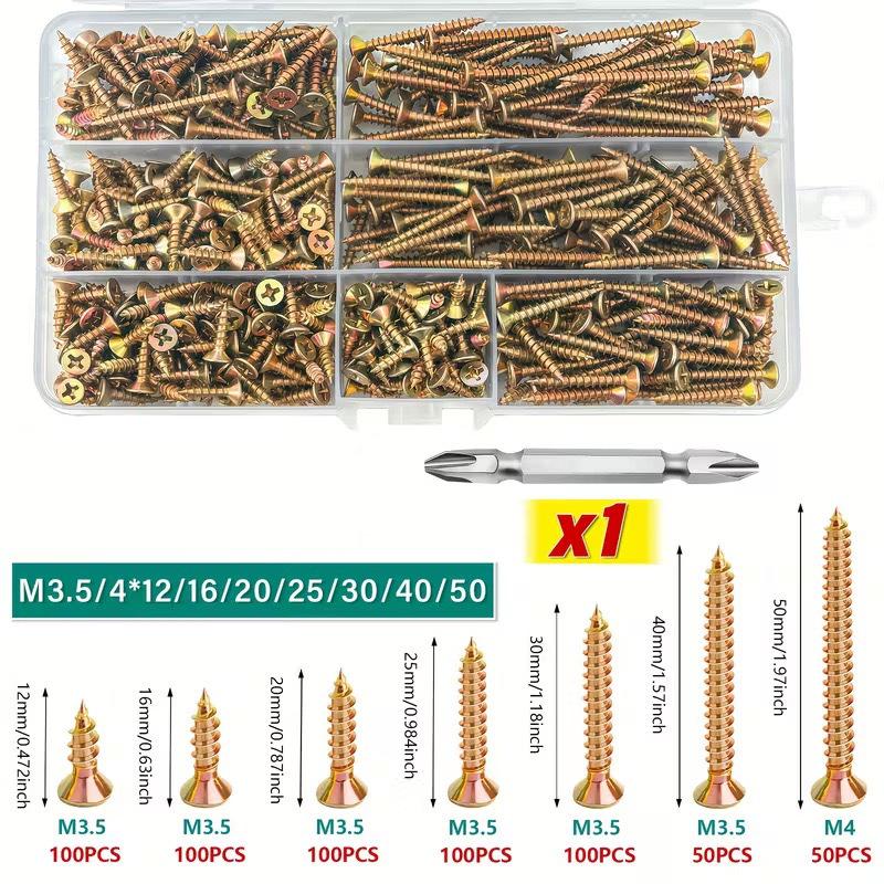 600pcs Color Zinc M3.5-4 Phillips Self-Tapping Wood Screws & Drywall Nails Set