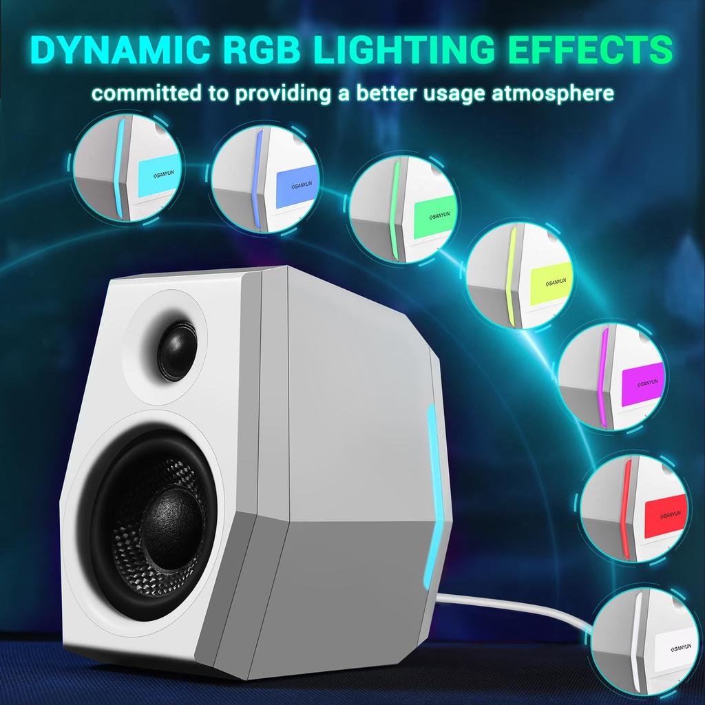 Sanyun SW209 36W Computer Gaming Speakers with 3 EQ Modes Dynamic 3D Surround RGB Compatible with White (Game/Movie/Music), Sound, 24-bit DAC,