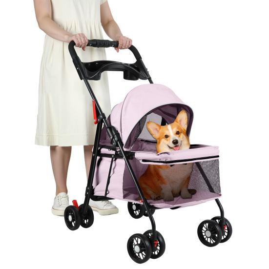 4 Wheels Folding Pet Stroller with Cup Holder, Breathable Mesh for Small Dogs and Cats, 7.5kg Capacity