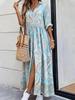 Frühlings Damen Casual Locker Bedrucktes Strandkleid mit Kragen und Mittellangen Ärmeltaschen