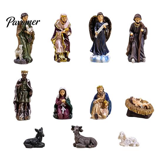 Indoor Creche Display 11 Pcs Christmas Nativity Scene Set, Resin Mini Figurines Tabletop Decor, Centerpieces Holy Family Angel Shepherd Animals