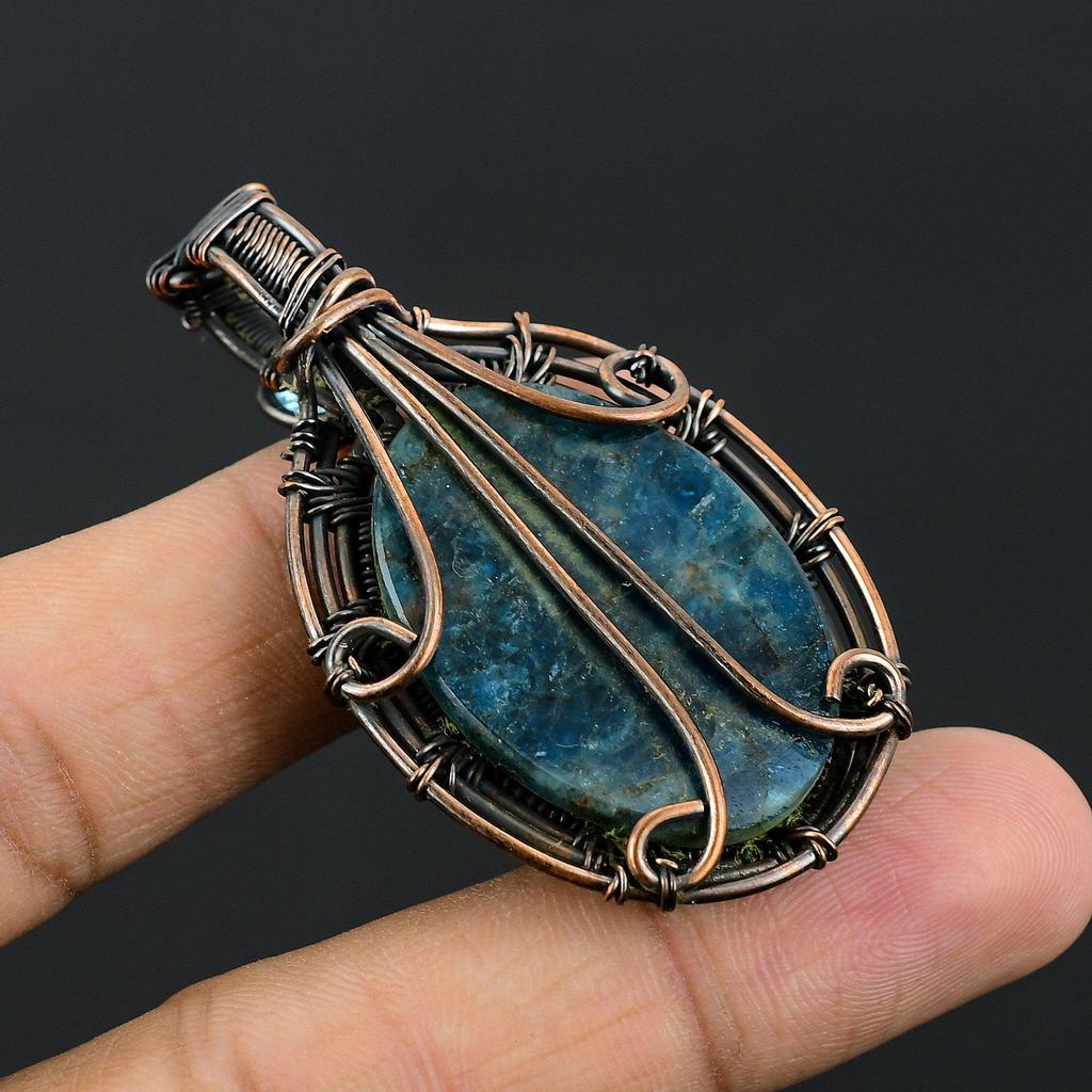 Neon Blue Apatite & Aqua Apatite Gemstone Pendant 999 Copper Wire Wrapped Jewelry, Handmade Antique Pendant Jewelry, Gift For Mother
