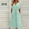 Women's Summer Maxi Dress Boho Eyelet Button V Neck Tie Knot Short Sleeve Midi Dress Summer Beach Vacation Sundress