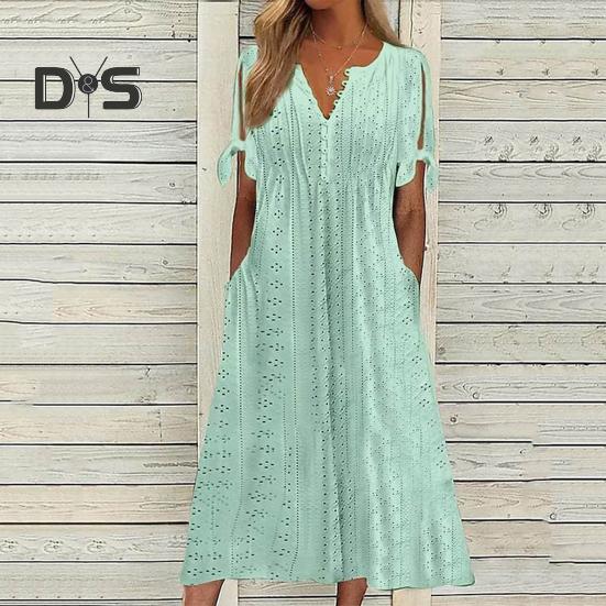 Women's Summer Maxi Dress Boho Eyelet Button V Neck Tie Knot Short Sleeve Midi Dress Summer Beach Vacation Sundress