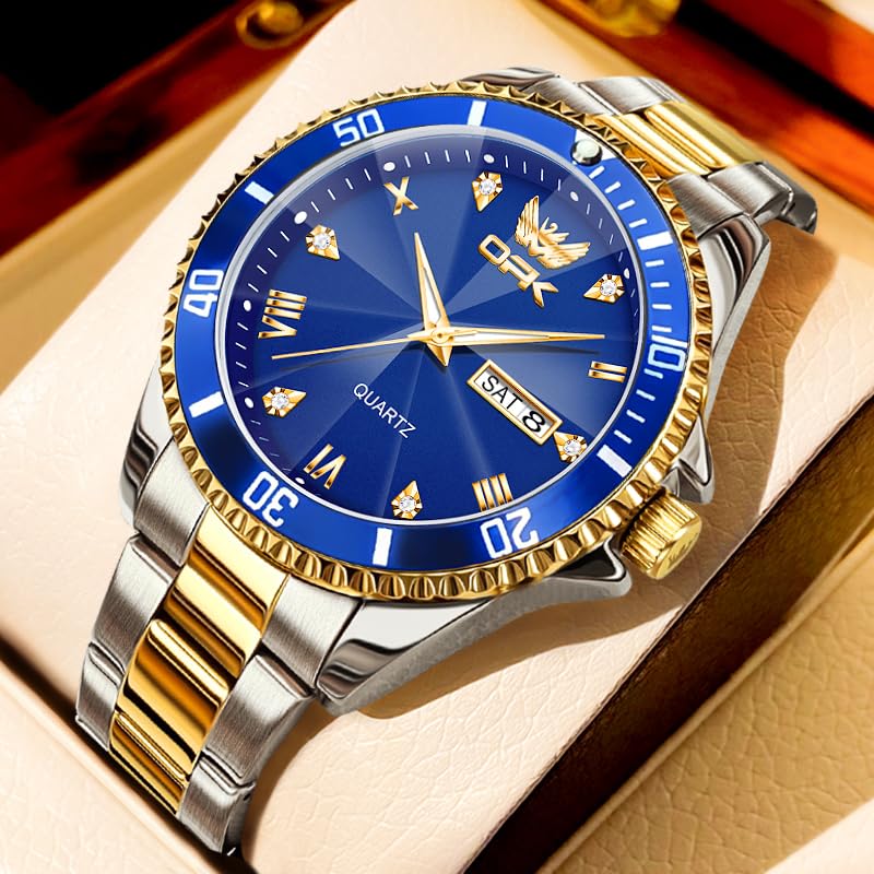 OPK Quartz Watch with Date Classic Stainless Steel Watch for School or Gold Blue Men's Display, Waterproof, Luminous, Stylish, Office, &