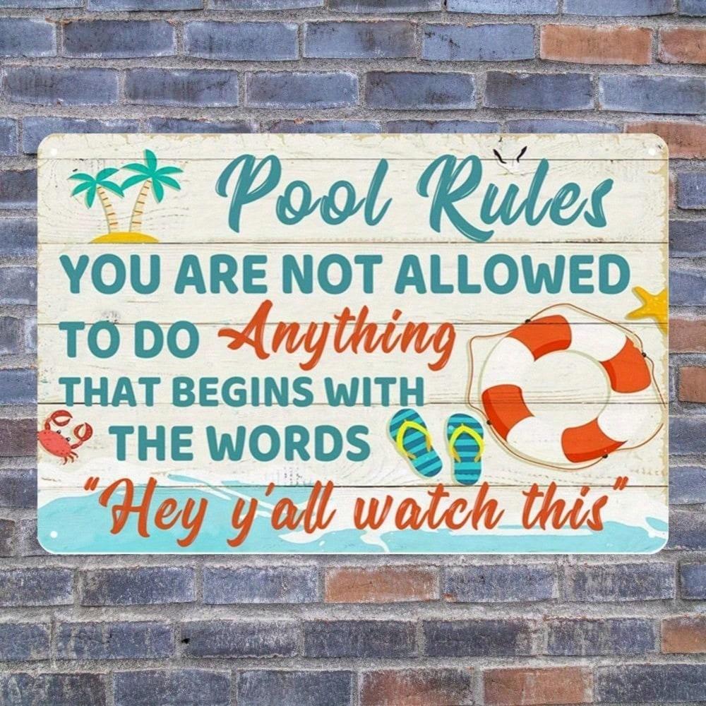 Humorous Pool Rule Metal Plaque, Vintage "Retro Poolside Safety & Comedy" Decor, Home Art Accent for Pool Lover & Leisure Fans