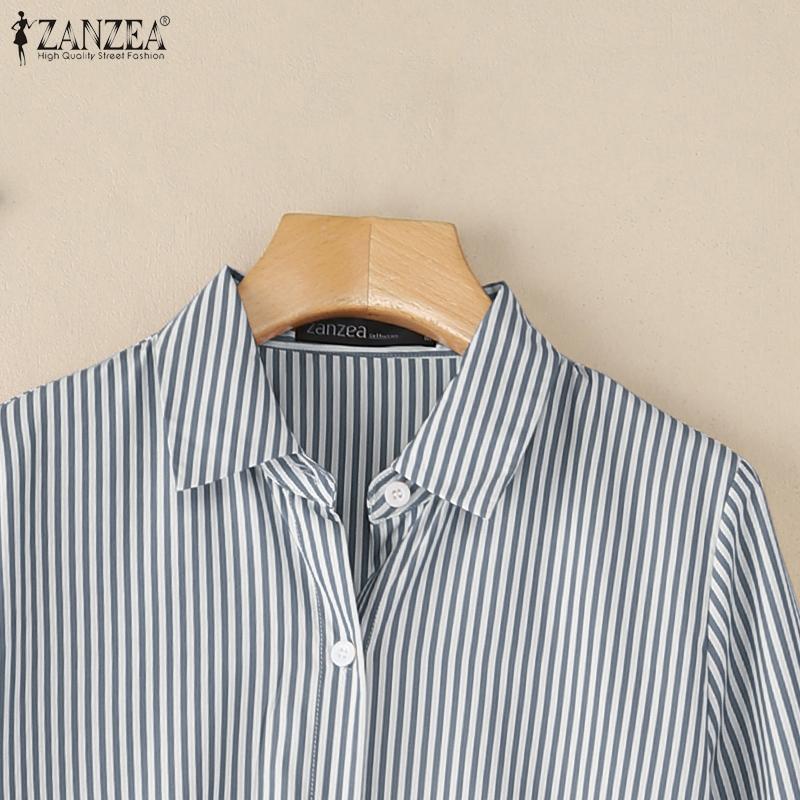 ZANZEA Women Casual Turn Down Collar Loose Long Sleeve Stripe Blouse