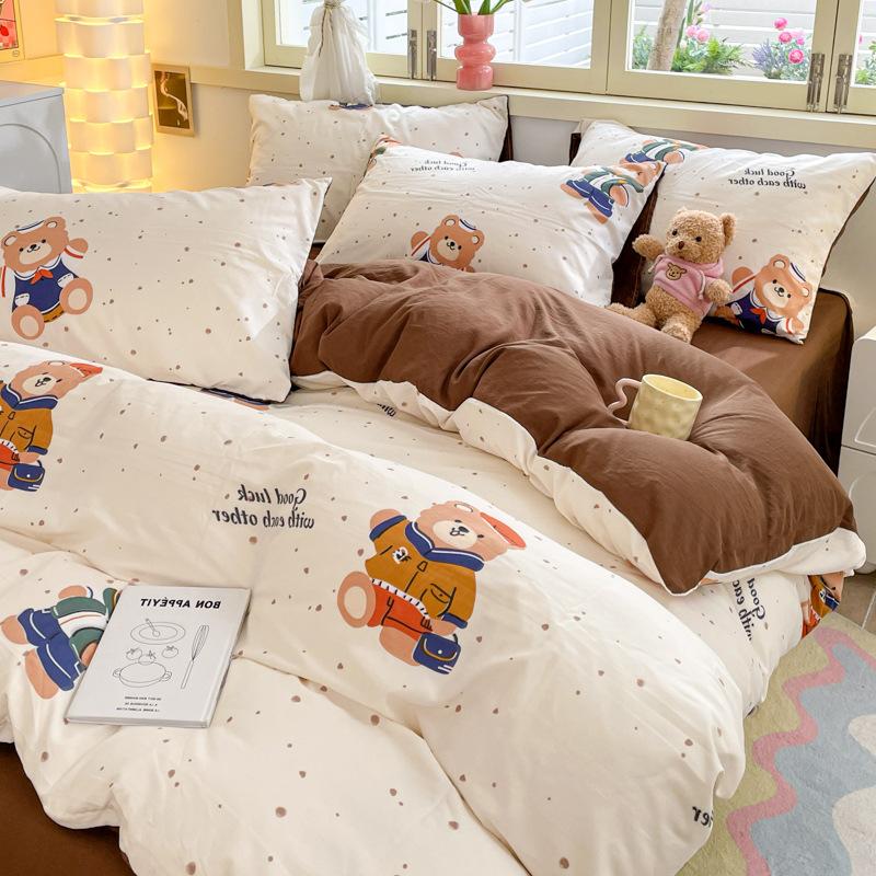 Class A Maternal And Infant Grade Washed Cotton Four-Piece Set Cotton Cartoon Small Fresh Pure Cotton Mattress Quilt Cover 3Pcs Set