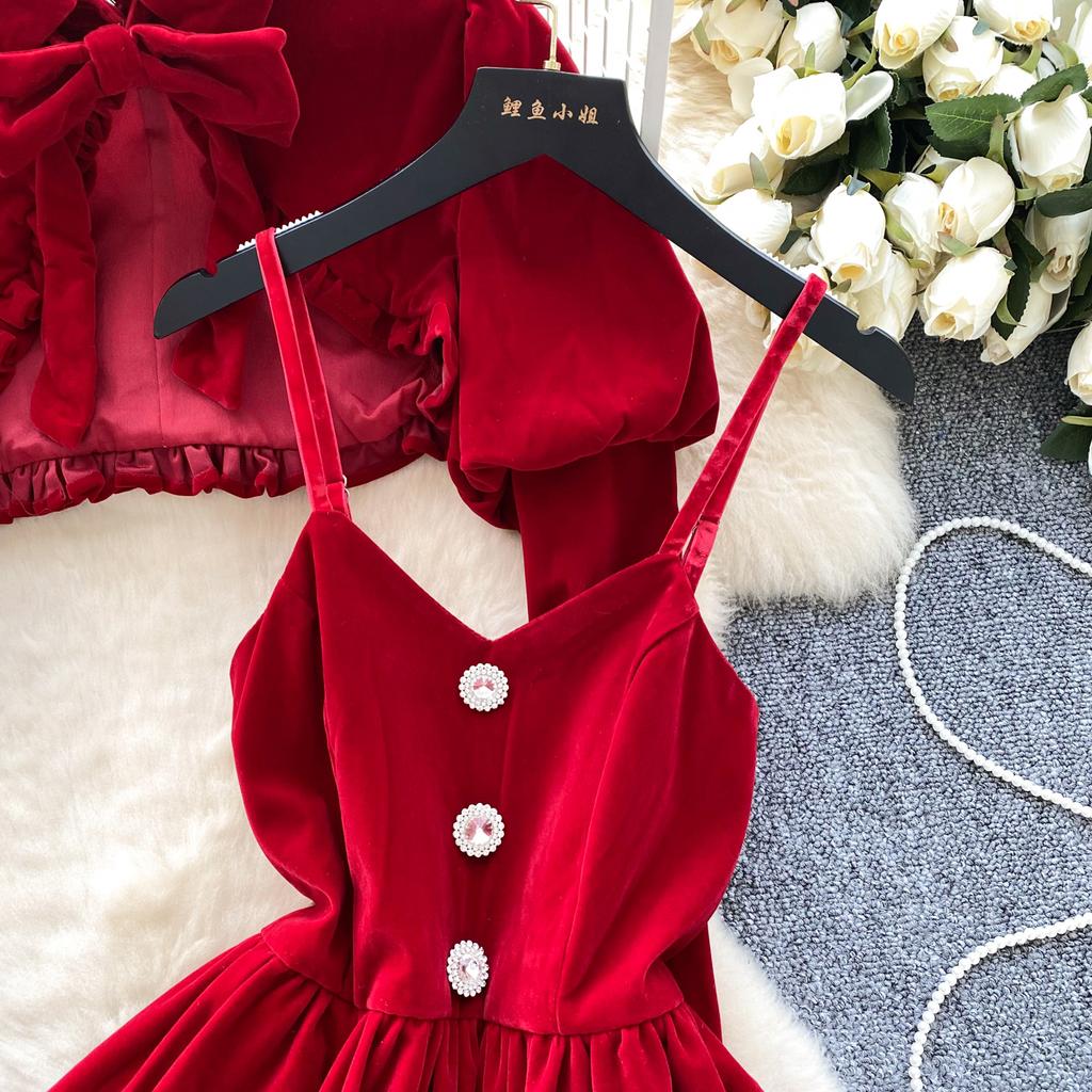 Red Sweet New Year Two Piece Set Women French Puff Sleeve Bow Short Coat + Velvet Suspender Bud Dress Suit Japanese Kawaii Ruched Design Sets