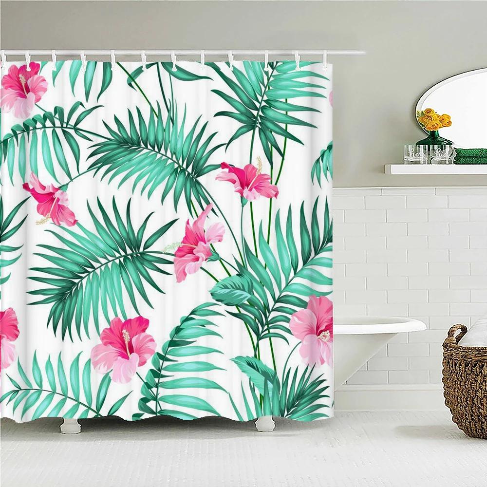 Tropical Plant Leaves Bath Curtain Waterproof Fabric Shower Curtains Colorful Palm Leaf Print Bathtub Screen for Bathroom Decor